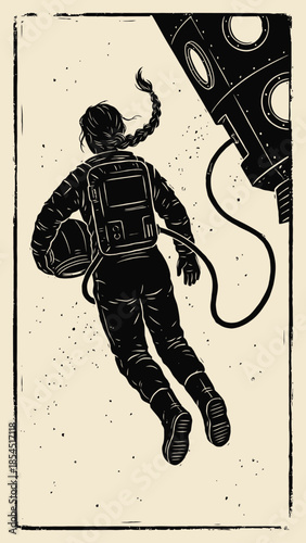 Retro Woodcut Style Illustration of Female Astronaut in Space