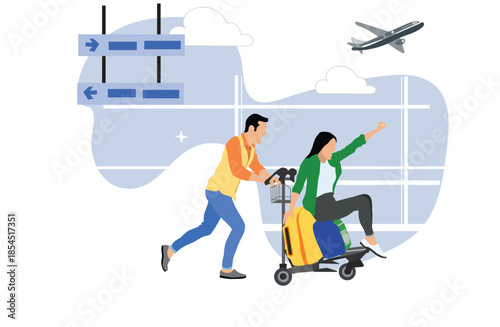 A man is pushing a trolley carrying a woman with their suitcases