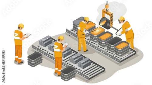 Isometric illustration of workers in orange uniforms operating an industrial assembly line with machinery and equipment on a gray floor.