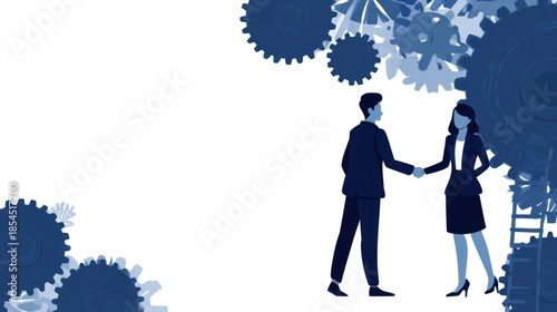 Business people shaking hands against a backdrop of cogwheels, representing teamwork