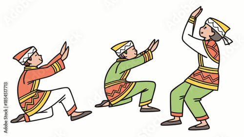 Indonesian traditional male dancers performing folk dance in ethnic costume, vector illustration.