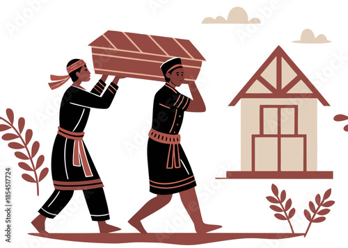 People carrying a traditional wooden coffin in a funeral ceremony or cultural ritual procession.