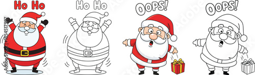 Cute Santa Claus Cartoon Illustration with Funny Expressions and Poses. Ho Ho and Oops Text, Simple Outline and Colored Style for Kids Coloring Book and Holiday Design
