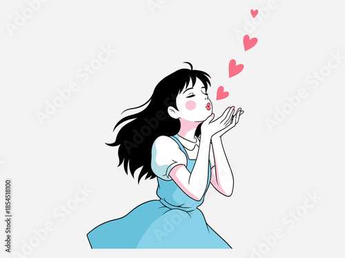 Woman Blowing Hearts with Happy Expression.
