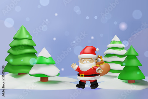 3D render of cute Santa Claus walking with gift sack in snowy forest. Winter holiday landscape with green pine trees and blue background. Christmas greeting card concept with copy space
