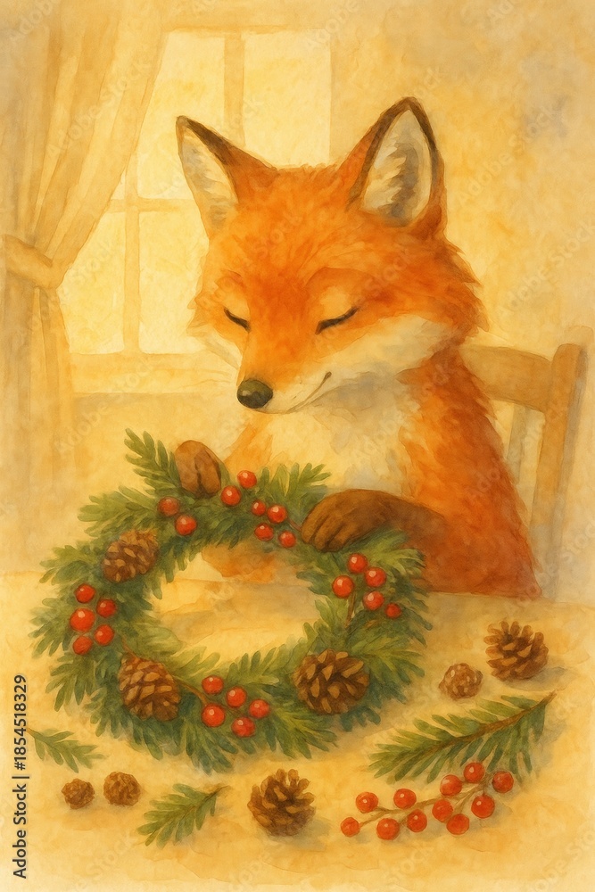 Obraz premium Charming fox crafting a festive wreath with pinecones and berries in cozy setting