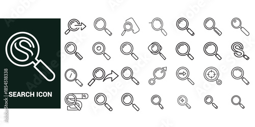 Search icon set. Containing magnifying glass, find, research, SEO and investigate icons. Solid icon collection. Vector illustration.