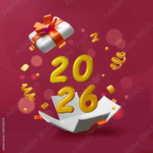 3D illustration of golden 2026 numbers flying out of an open gift box, by festive decorations and confetti. New Year celebration posters, greeting cards, social media, holiday themed designs.