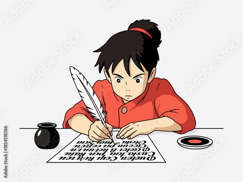 Young Girl Writing with Quill Pen.