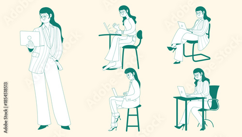 Minimalist line art illustration of a professional woman in various poses working on a laptop. Perfect for remote work, freelance, office productivity, and female entrepreneur themes