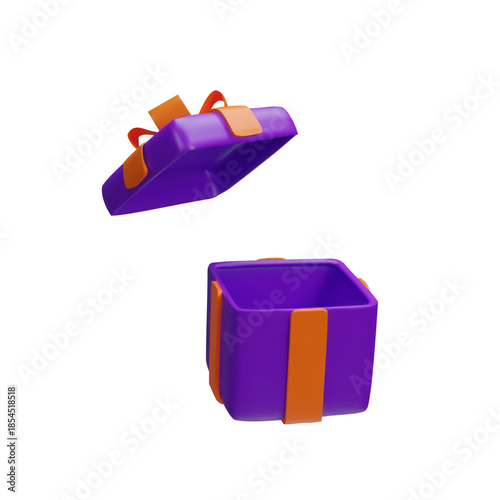 Open purple gift box with orange ribbon and lid, isolated on white background. Christmas, New Year, birthday, sales campaigns, marketing banners, digital design projects.