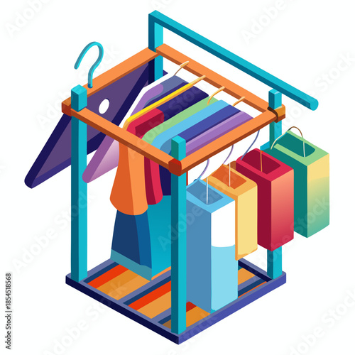 Stylish Clothing Rack Displaying Various Garments and Shopping Bags stylish clothing rack displaying various