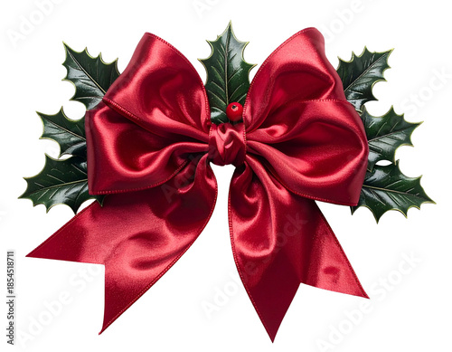 Crimson satin bow with holly leaves and a red berry, against a transparent background