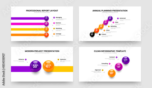 Minimalist Campaign Four Five Two Three Element Chart Slideshow Template Vector Illustration Collection. Product Performance 4 5 2 3 Step Infographic Frame Layout Set.
