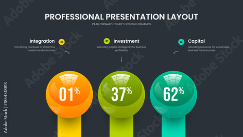 Service Analysis Presentation Design Vector Illustration. Business Proposal 3 Step Diagram Frame Template. Educational Innovation Three Element Chart Slide Layout.
