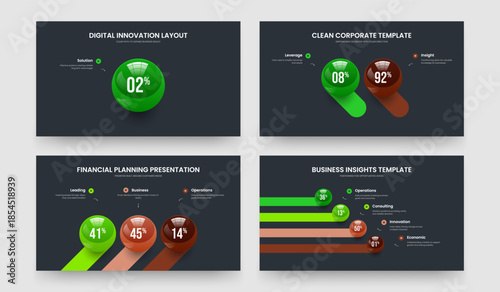 Visual Showcase 1 2 3 4 Option Diagram Slide Template Collection. Elegant Performance One Two Three Four Element Chart Slideshow Design Vector Illustration Set.