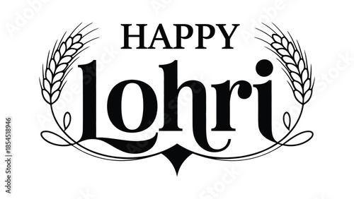 Happy lohri elegant typography design with wheat ears and decorative elements in black and white minimalist style for punjabi indian harvest festival celebration