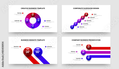 Business Review 4 5 2 3 Option Graph Slide Design Set. Service Launch Four Five Two Three Element Infographic Frame Template Vector Illustration Collection.