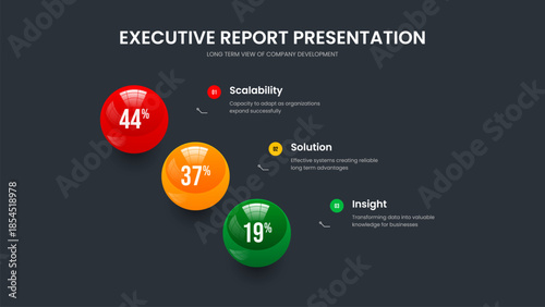 Digital Report Frame Layout Vector Illustration. Simple Visualization 3 Option Graph Slide Design. Corporate Insight Three Element Chart Presentation Template.