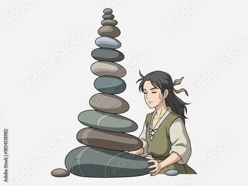 Woman Creating Zen Rock Sculpture.