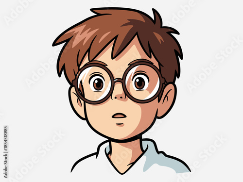 Cartoon Boy with Glasses and Surprised Expression.