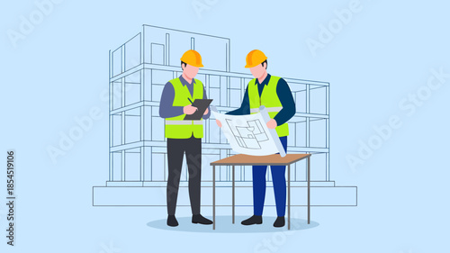 Two construction workers in yellow hard hats and vests discussing blueprints at a table with a building outline in the background.