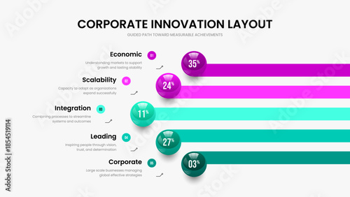 Market Strategy 5 Option Infographic Frame Layout. Marketing Review Five Element Chart Presentation Template. Elegant Profile Slide Design Vector Illustration.