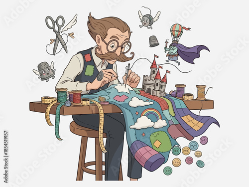 Man Creating Quilt with Embroidery Tools.
