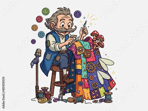 Quilt Maker Sews Colorful Patchwork Fabric Together.