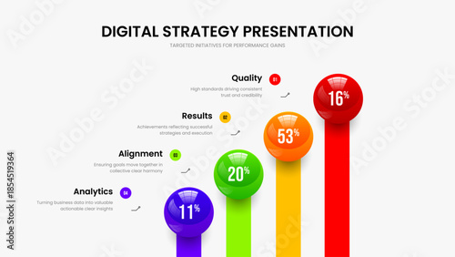 Market Overview Four Option Diagram Slideshow Layout. Enterprise Report Slide Design Vector Illustration. Modern Visualization 4 Step Graph Presentation Template.