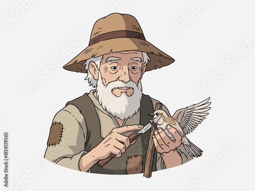 Old Man Holding Bird in Hand.