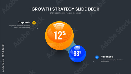 Product Report Two Option Graph Slide Design. Enterprise Insight 2 Element Infographic Presentation Layout. Company Innovation Slideshow Template Vector Illustration.