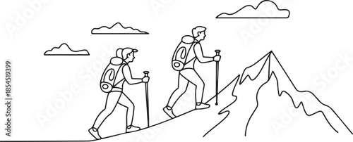  man woman with trekking poles and backpacks hiking up a mountain, adventure, one line Art icon drawing