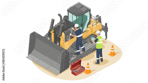 Isometric illustration of two construction workers repairing a bulldozer on a construction site with tools and safety cones.