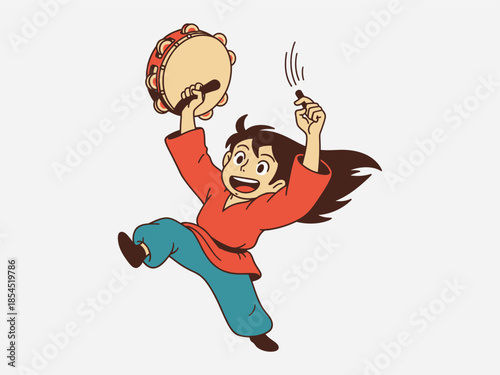 Cartoon Girl Playing Drum with Drumsticks.