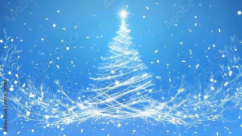 Abstract glowing Christmas tree with star and falling sparkles on a gradient blue background. Swirling details