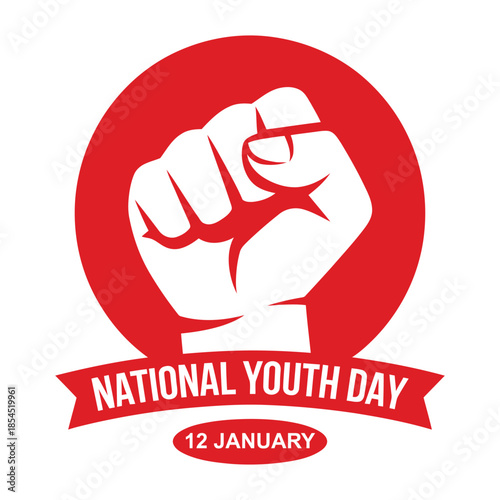 National youth day red emblem illustration with raised fist symbol and bold typography celebrating youth power unity and inspiration on 12 january