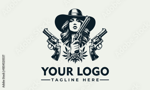 A logo design featuring a woman wearing a cowboy hat holding guns with a skull, set against a clean background with space for a tagline.