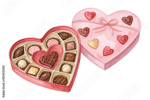 Heart Shaped Chocolate Box Watercolor Icon – Isolated on White Background