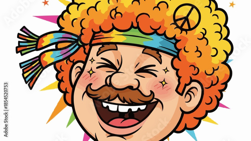 Cartoon Man with Afro and Headband Smiling.