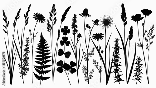 Collection of Various Wildflowers and Grasses Silhouettes.
