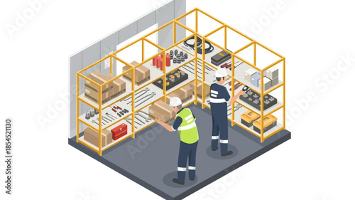 Isometric illustration of two warehouse workers handling boxes in a storage room with yellow shelving units