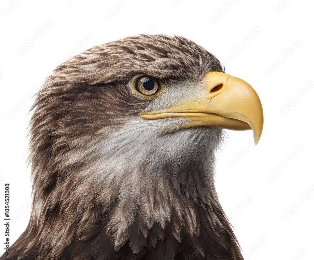 Obraz premium Wild white eagle background owl bird wildlife animal predator majestic watching alert eye head beak feather portrait isolated white background studio shot design art nature wild animal brown black