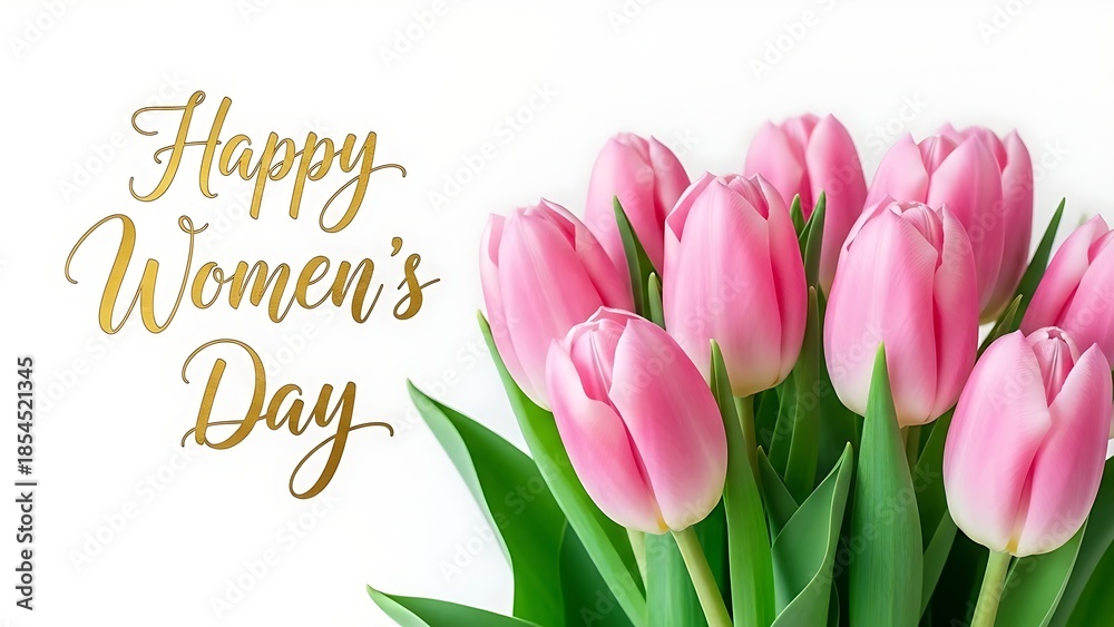 Fototapeta premium Happy Women's Day greeting with a bouquet of pink tulips and green leaves