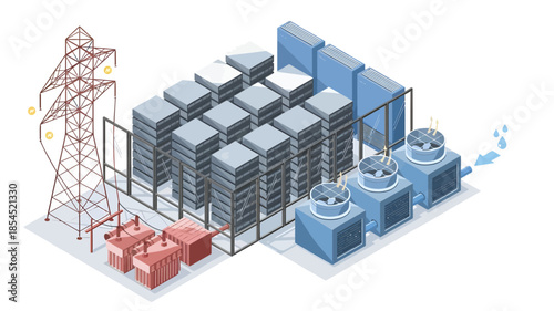 Isometric illustration of industrial power infrastructure with server farm and cooling systems