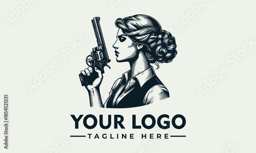 A grayscale vector illustration of a woman holding a gun with a logo and tagline on a plain background.