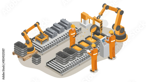 Isometric illustration of industrial robots assembling products on a production line with robotic arms and machinery in a factory setting with a metallic color scheme.