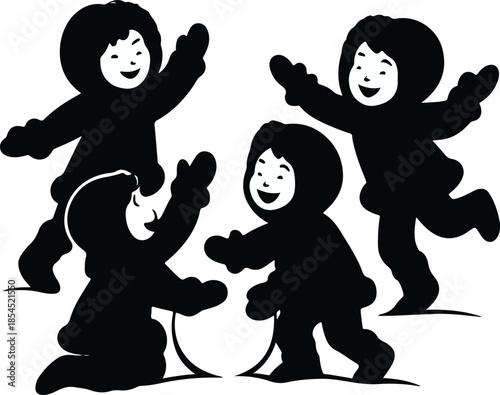 Inuit Children Playing Silhouette – Traditional Parka Winter Vector