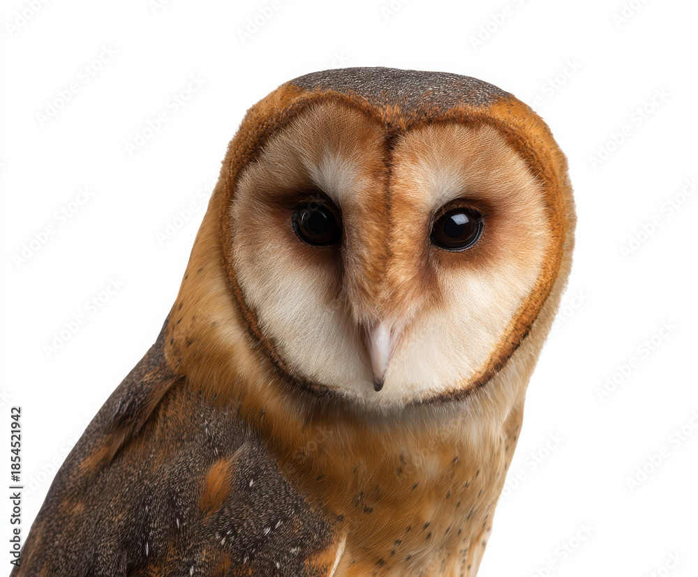 Naklejka premium White owl wildlife animal portrait studio shot white background isolated background design art animal portrait closeup face head eye beak feather brown black peaceful watching alert natural
