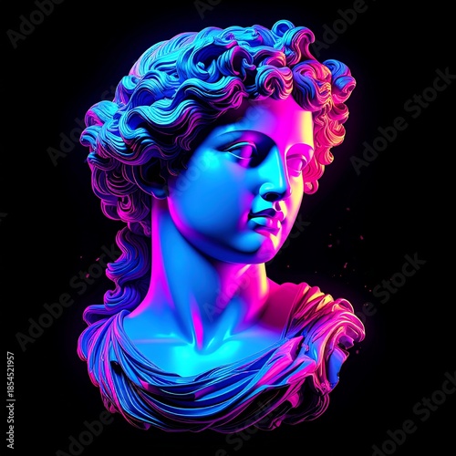Bust of a classical figure, vibrant neon illumination against dark background